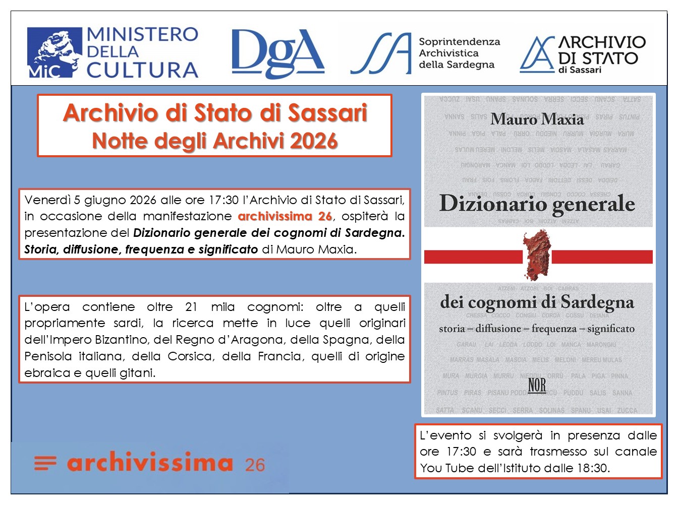 Notte degli Archivi 2026 - Presentazione del "Dizionario generale dei cognomi di Sardegna. Storia, diffusione, frequenza e significato"